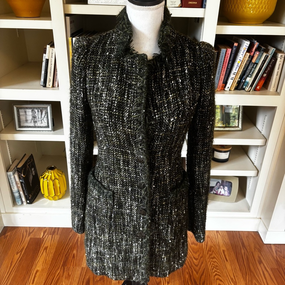 TIME Postmodern Green Tweed Thigh Length Jacket Metallic Snap Front Size XS